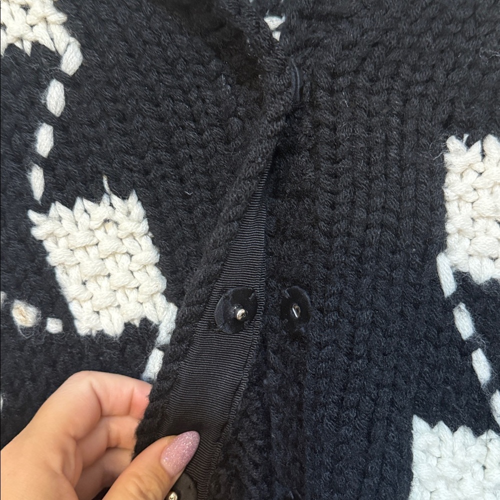 Worth Kaisley Wool Black and White Hi-Neck Snap Cardigan - Picture 3 of 4